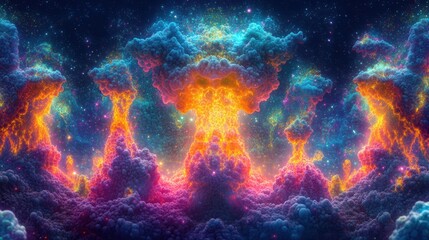 Fototapeta premium A vibrant cosmic explosion with colorful clouds and starry background.