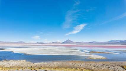 Wide view of Pukaqucha the red Lagoon in Eduardo Avaroa Andean Fauna National Reserve Bolivia