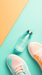 Colorful sneakers and water bottle on vibrant floor.