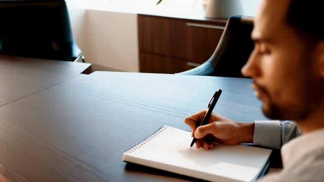 Focused businessman writing notes on notepad during a meeting in a modern office meeting room, concentrating on taking down important information