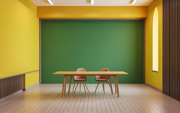 A photo of a yellow virtual empty room background with a window for online presentations and Zoom meetings. 