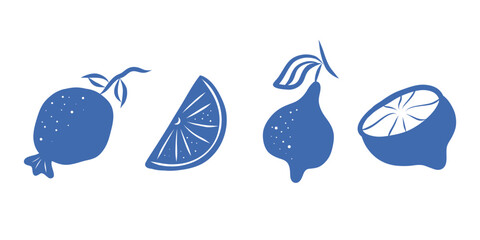 Blue citrus set, hand drawn vector boho style, lime, lemon, oranje, slice