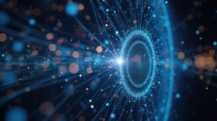 Fototapeta premium Bright particles emanate from a central point, creating a dynamic and mesmerizing display of energy. The scene features a blend of blue tones with scattered light effects, depicting motion