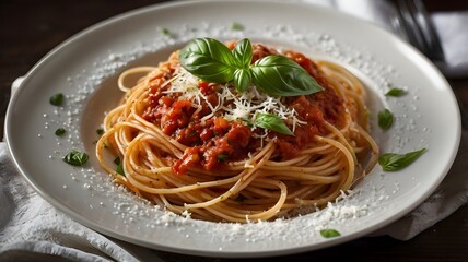 Spaghetti pasta with tomato sauce and fresh basil, Italian cuisine meal food photo