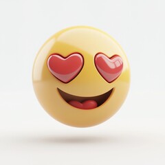 3D emoji, heart eyes, smiley face, yellow sphere, glossy texture, red hearts, expressive, digital art, smooth rendering, white background, love emotion, playful design, cartoon style, vibrant colors, 