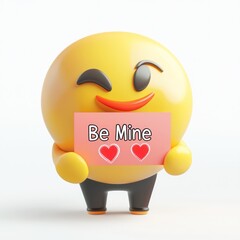 Cute 3D emoji character, smiling winking face, holding "Be Mine" sign, Valentine's Day theme, yellow round body, short black legs, cartoon style, heart motif, glossy texture, white background, playful