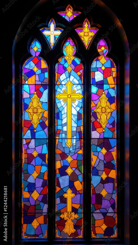 Poster stained glass window with religious symbols including a cross, showcasing intricate patterns and vib