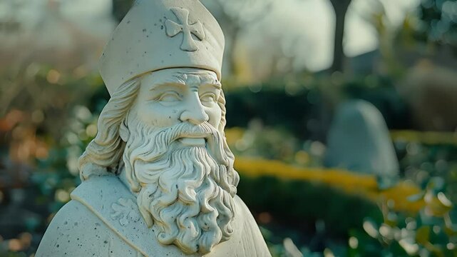 Weathered stone Saint Patrick bust gleaming under soft sunlight, surrounded by verdant foliage creating serene spiritual landscape