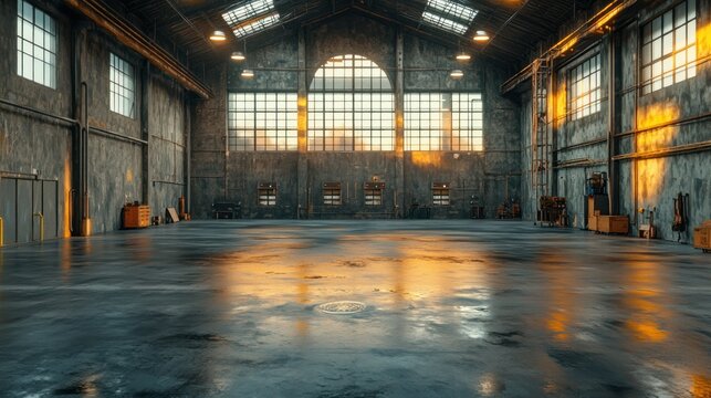 Empty industrial warehouse sunset photoshoot location