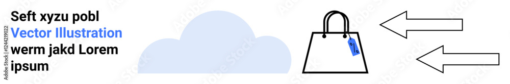 Poster shopping bag with tag, cloud element, and arrows pointing forward and backward. ideal for e-commerce