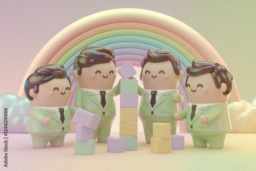 Poster adorable cartoon characters in suits collaboratively build a colorful block tower against a rainbow 