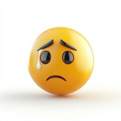 Fototapeta premium Yellow emoji, sad face, teardrop, 3D rendering, glossy surface, expressive eyes, furrowed brows, round shape, emotional icon, digital art, high detail, studio lighting, white background, minimalist de