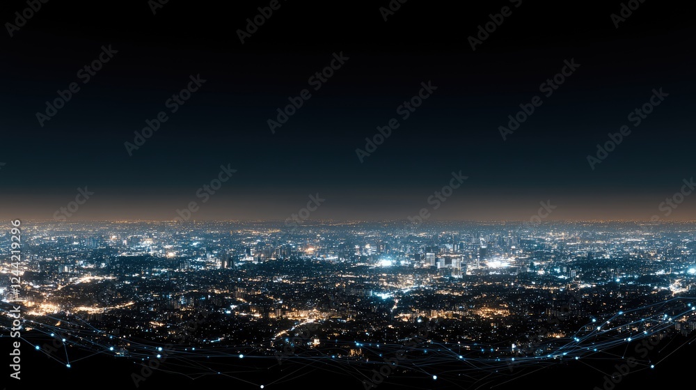 Poster modern cityscape illuminated by digital lines and networks, representing the advanced integration of