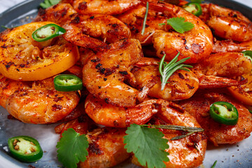grilled shrimp, unpeeled, headless, with spices, on a marble table, homemade, no people,