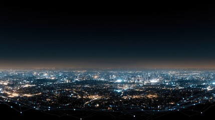 Fototapeta premium Modern cityscape illuminated by digital lines and networks, representing the advanced integration of technology in urban environments