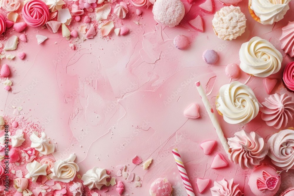 Aufkleber various pink and white desserts forming a frame on a pink textured surface, creating a sweet and inv