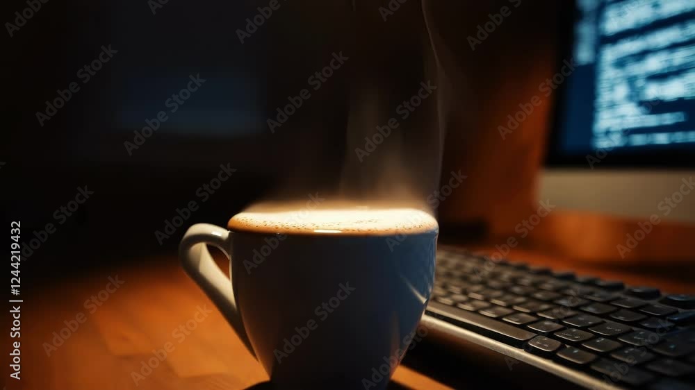 Poster warm light illuminates a steaming cup of coffee sitting on a wooden desk, next to a computer keyboar