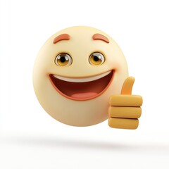 3D emoji, smiling face, thumbs up, yellow sphere, expressive eyes, cheerful expression, glossy texture, white background, positive mood, cartoon style, digital rendering, friendly character, simple de