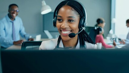 A friendly customer service representative wearing a headset, smiling while assisting clients in a professional office setting. . High quality 4k footage