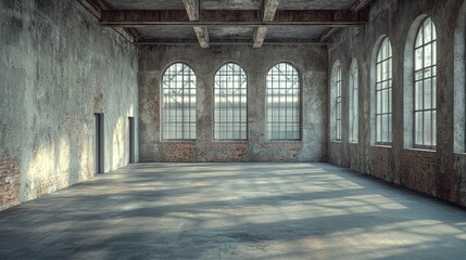 Fototapeta premium Empty industrial loft, sunlit, brick walls, large windows, event space