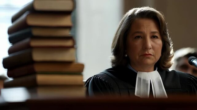 Multiple views of a serious female judge sitting in a courtroom, a large stack of books beside her, possibly symbolizing the weight of the law or the complexity of the cases she handles