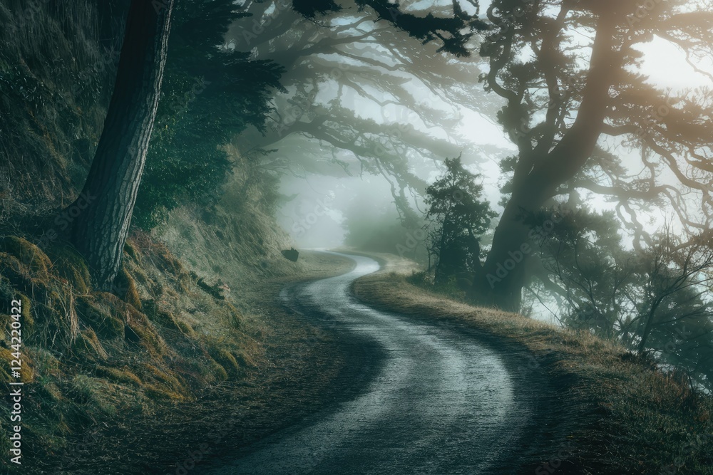 Poster a winding road disappears into a mystical fog-laden forest, creating an eerie yet captivating scene.