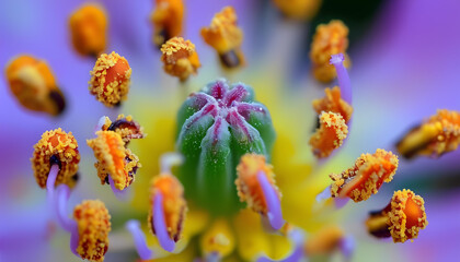 a close up of a flower with a green center