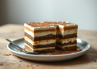 Piece of layered tiramisu cake on a plate, perfect for bakery, dessert, celebration, and food concept designs in need of visuals.