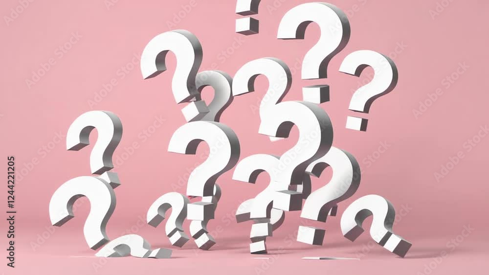 Aufkleber Multiple white question marks are falling and bouncing on a seamless pink background, creating a visually engaging representation of uncertainty, inquiry, and the process of seeking answers
