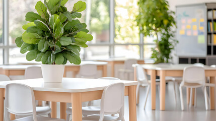 Fototapeta premium Modern classroom interior, plants, tables, chairs, sunlight