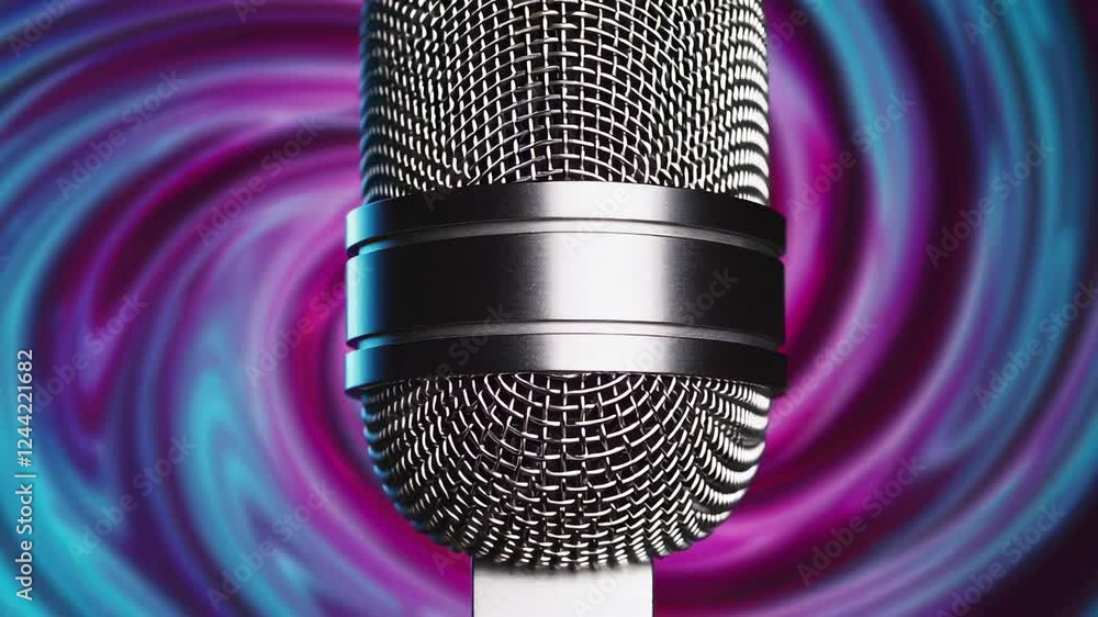 Poster Professional microphone capturing audio content with high resolution recording, set against vibrant psychedelic swirling background in dynamic slow motion visual sequence