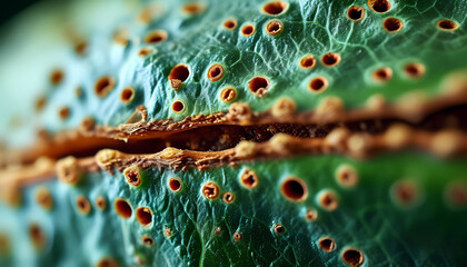 a close up of a leaf with many holes