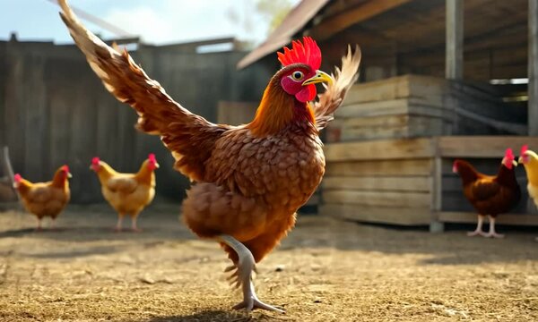 Vibrant rooster dancing joyfully in a rustic farmyard setting