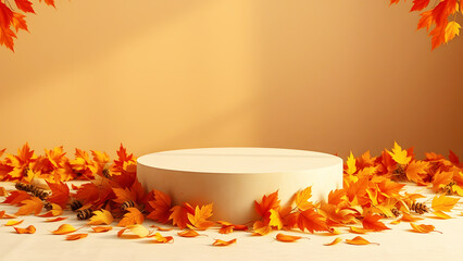 Cozy autumn scene with a round white table surrounded by vibrant red and orange leaves under warm lighting, perfect for seasonal decor inspiration