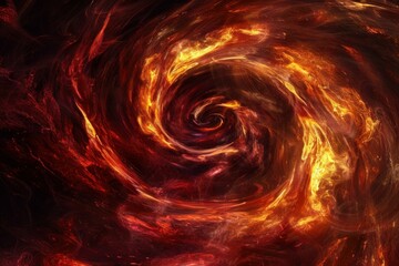 Abstract fractal art depicting a vortex of swirling flames in shades of red, orange, and yellow, resembling a cosmic firestorm or inferno