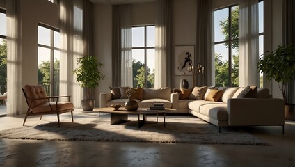 Bright modern living room with large windows, natural light, sectional sofa, and accent chair in a stylish interior