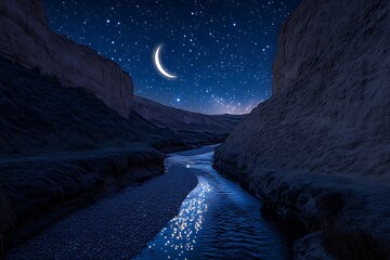 A narrow river winding through a valley, sparkling under a crescent moon and constellations.