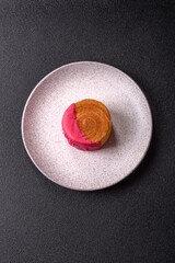 Round sweet New York roll croissant with raspberry cream filling