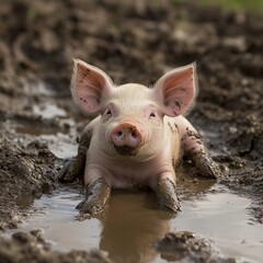 Piglet enjoys mud bath in rural farm setting during sunny afternoon in spring