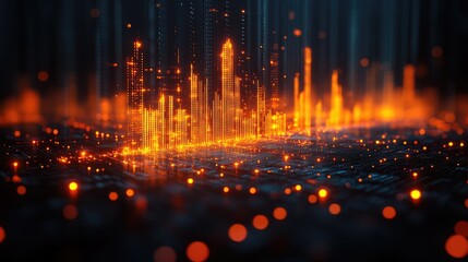 Fototapeta premium Abstract digital visualization with glowing orange elements representing data or technology.