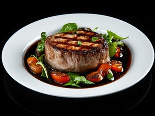 Grilled Steak with Balsamic Glaze: A perfectly seared steak, showcasing delicious grill marks, rests on a bed of fresh greens and balsamic-glazed cherry tomatoes.  The rich.
