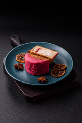 Round sweet New York roll croissant with raspberry cream filling