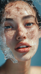 Radiant porcelain skin asian chinese woman with water splashing pouring down her makeup face for facial wash cosmetic skincare