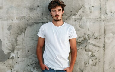 Young man in white t-shirt standing against textured gray wall