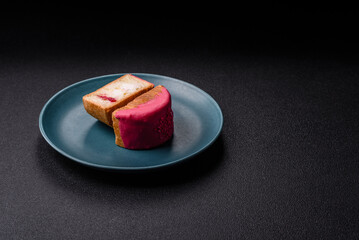 Round sweet New York roll croissant with raspberry cream filling