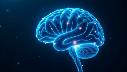 A detailed wireframe model of a human brain with glowing nodes, showcasing neural pathways