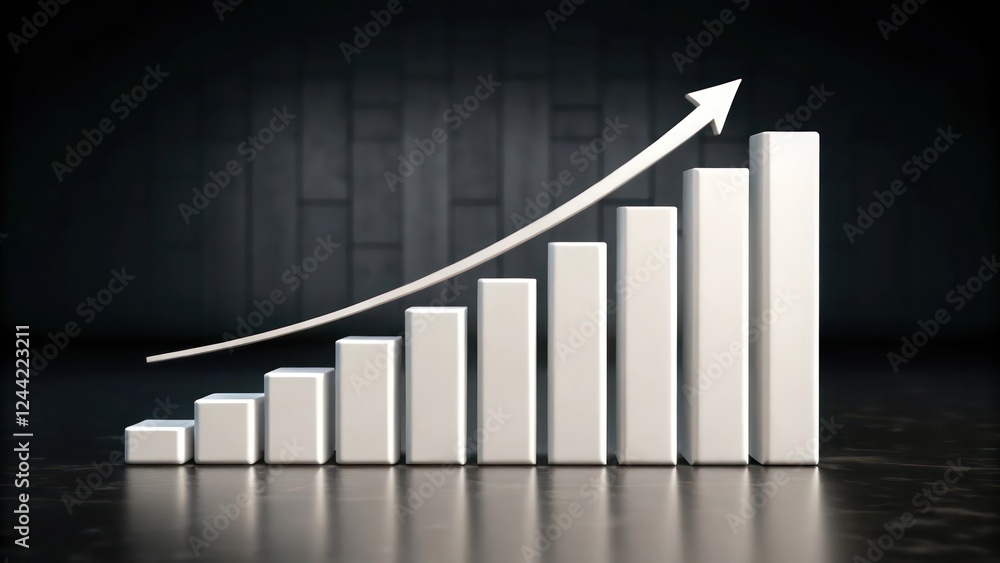 Poster white 3d bar graph with arrow pointing up, business metrics and trends on a dark background