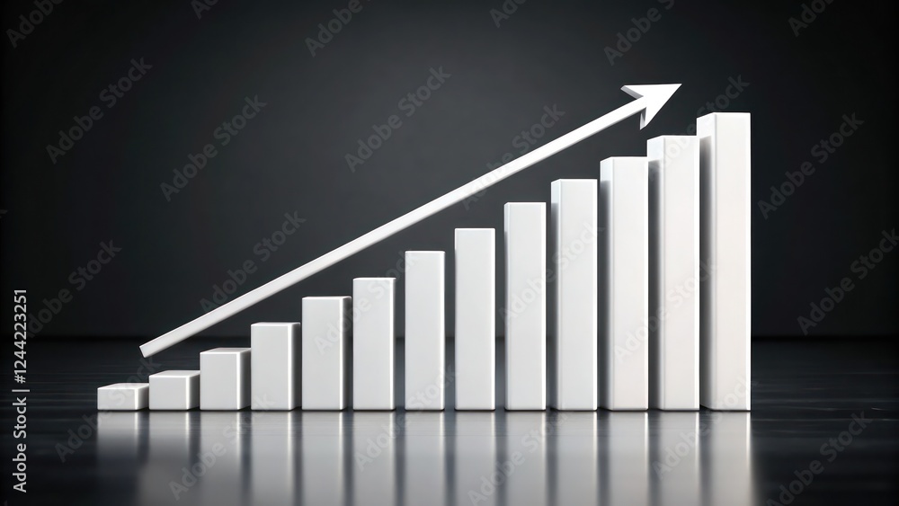 Poster white 3d bar graph with arrow pointing up, business metrics and trends on a dark background