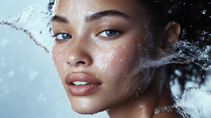 Radiant porcelain skin asian chinese woman with water splashing pouring down her makeup face for facial wash cosmetic skincare