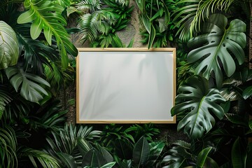 White frame surrounded by tropical green leaves, blank mockup